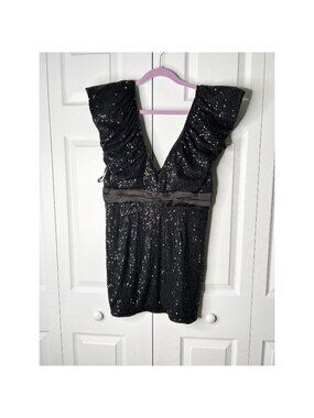 Elle Zeitoune Marla Black Sequin V-Neck Mini Dress Women's Size Large L